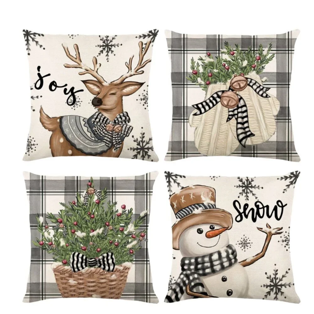 NEW SET OF 4 CHRISTMAS COTTON LINEN BLEND CHRISTMAS SEASONAL PILLOW COVERS 18